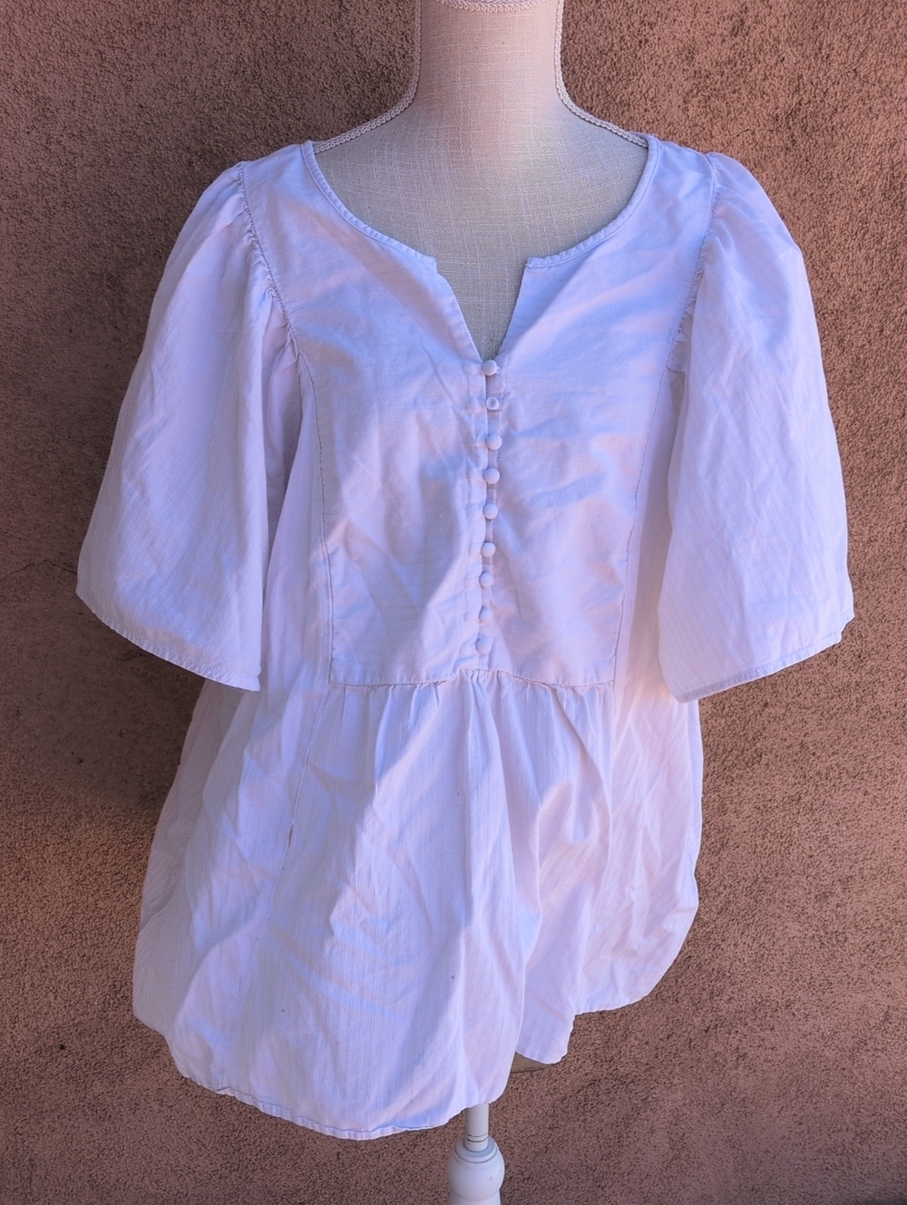 Terra Sky Boho Ruched Sleeve Button Front Flowy 100% Cotton Blouse Resortwear